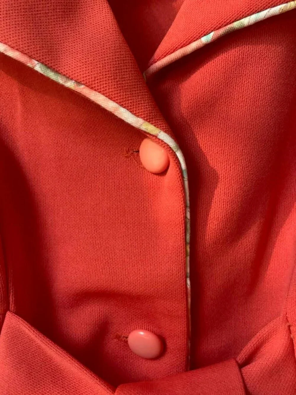 Vintage 70s Coral Orange Secretary Dress Sheer Floral Bishop Sleeves Small